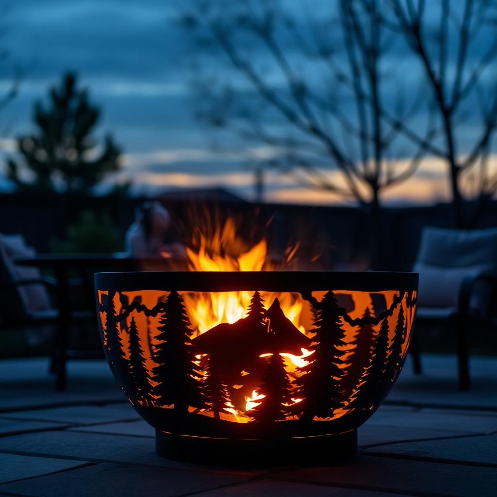 Custom mountain-silhouette steel fire pit glowing at night