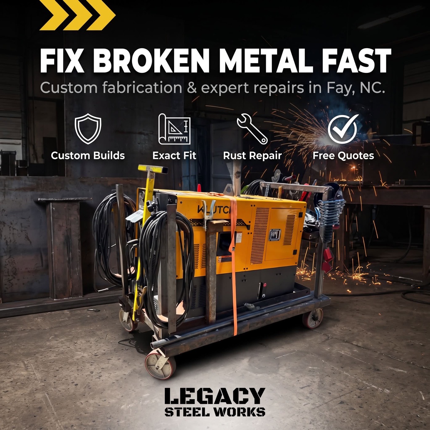 Fix broken metal fast — Legacy Steel Works repair flyer with the mobile rig in the shop