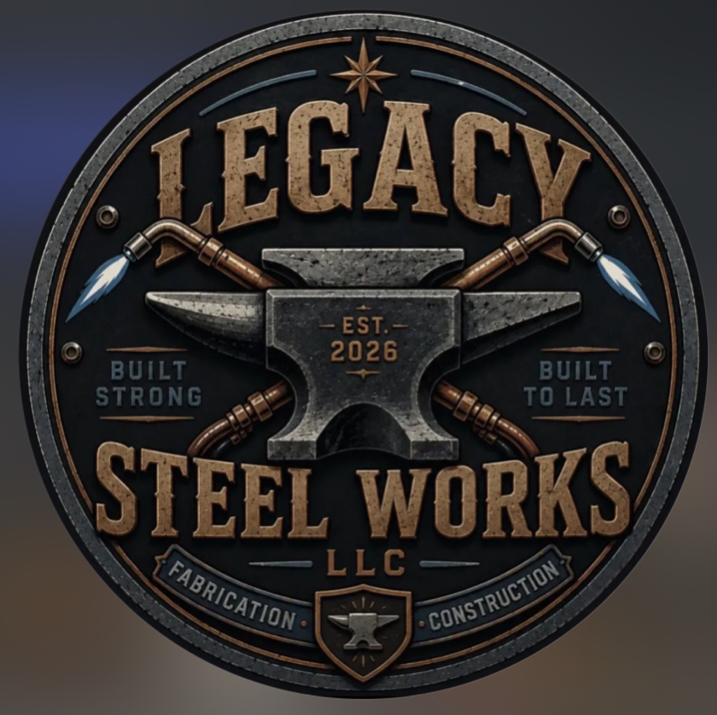 Legacy Steel Works badge logo — anvil and crossed torches