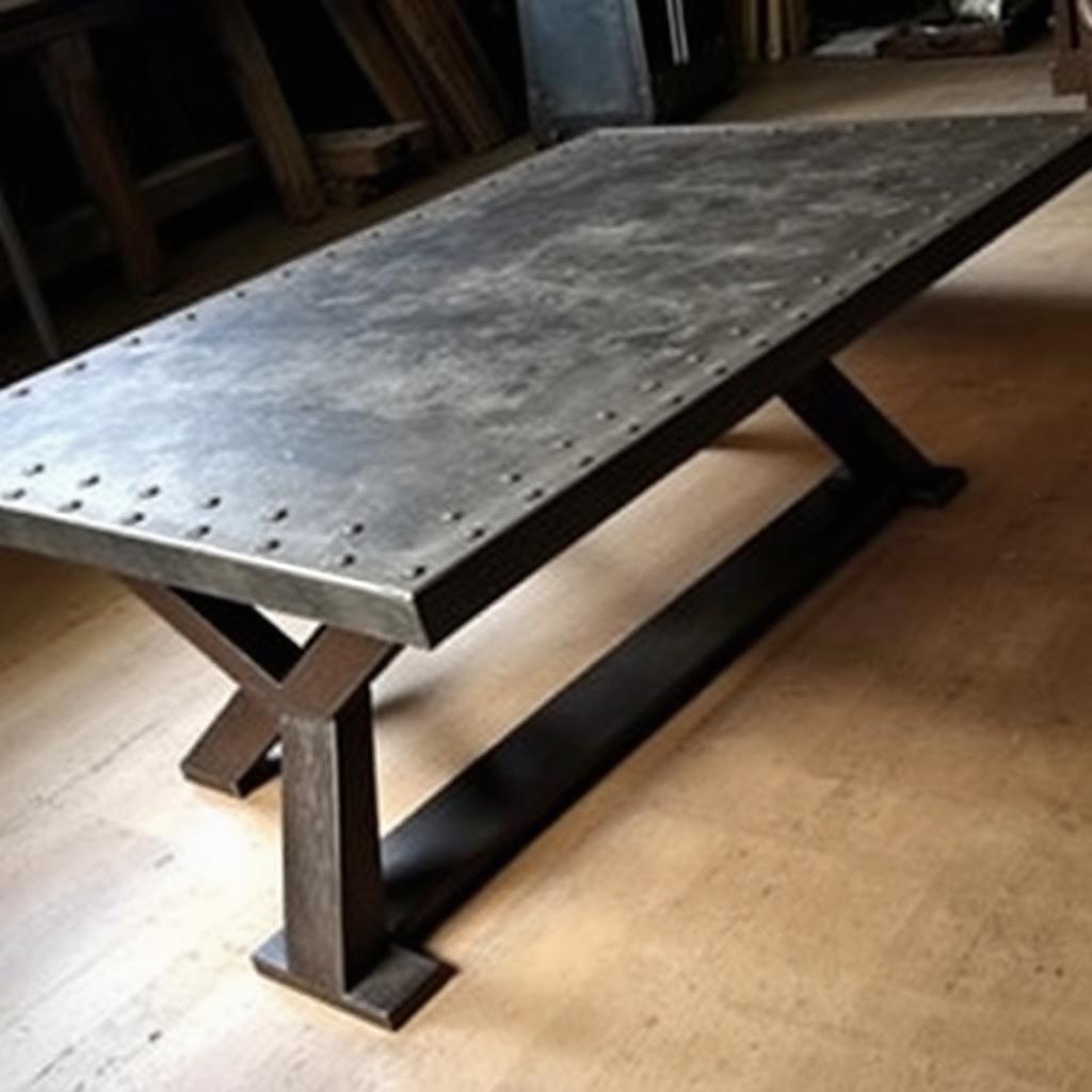 Riveted industrial steel dining table